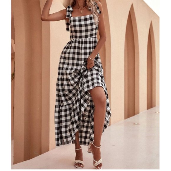 Boho Knot Strap Flounce Hem Gingham Dress Black/White - Picture 4 of 6